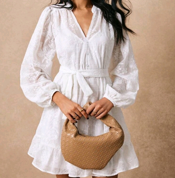 Dresses & Skirts - Women Elegant Solid Color Embroidered V-Neck Lantern Sleeve Short Dress